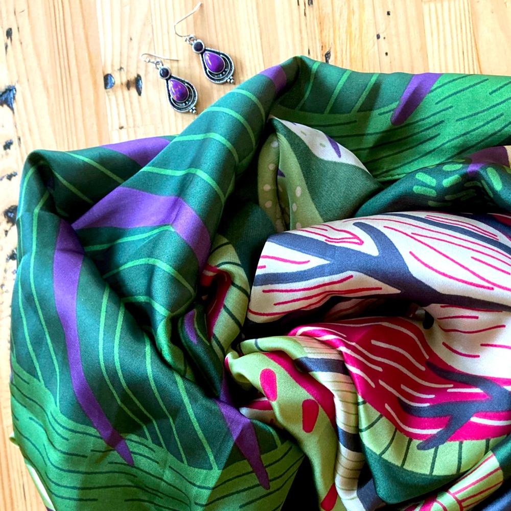 BUNDLE green women’s silky scarf and purple dragon crystal earrings